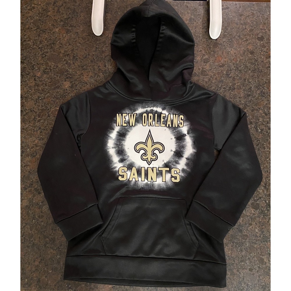 New Orleans Saints Girls Pullover Hooded Sweatshirt Black Gold White Tie Die